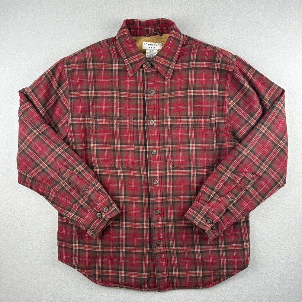 Covington Flannel Shirt Jacket Mens Medium Red Plaid Fleece Lined Shacket